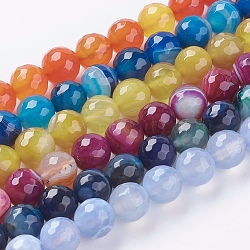 Faceted Round Dyed Natural Striped Agate/Banded Agate Beads Strands, Mixed Color, 10mm, Hole: 1.2mm, about 38pcs/strand, 15 inch(G-G581-10mm-M)