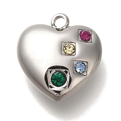 304 Stainless Steel Colorful Rhinestone Charms, Heart Charm, Stainless Steel Color, 14x13x4.5mm, Hole: 1.6mm(STAS-P371-065P)