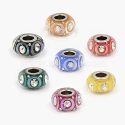 Handmade Polymer Clay European Beads, with Rhinestone and Platinum Color Double Brass Core, Large Hole Beads, Rondelle, Mixed Color, 14x8mm, Hole: 5mm(FPDL-D001-M2)