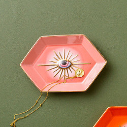 Porcelain Jewelry Plate, Storage Tray for Rings, Necklaces, Earring, Hexagon with Evil Eye Pattern, Light Coral, 166x110x25mm(PW-WG14988-02)
