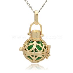 Golden Tone Brass Hollow Round Cage Pendants, with No Hole Spray Painted Brass Round Beads, Lime Green, 33x24x21mm, Hole: 3x8mm(KK-J235-07G)