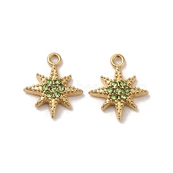 304 Stainless Steel Rhinestone Charms, Real 14K Gold Plated, Star Charm, Peridot, 11.5x9.5x2mm, Hole: 1mm(STAS-L022-304G-03)