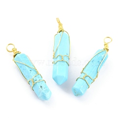 Natural Dyed Howlite Pendants, with Golden Brass Findings, Bullet, 36x7.5mm, Hole: 3mm(G-H260-03B-G)