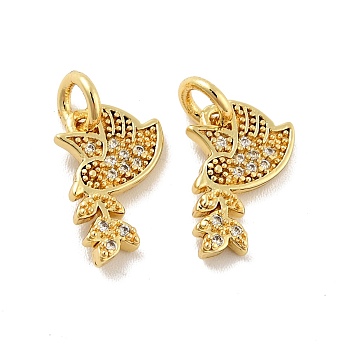 Pigeon with Leaf Brass Micro Pave Clear Cubic Zirconia Charms, with Jump Rings, Cadmium Free & Lead Free, Golden, 13.5x7.5x1.5mm, Hole: 3mm