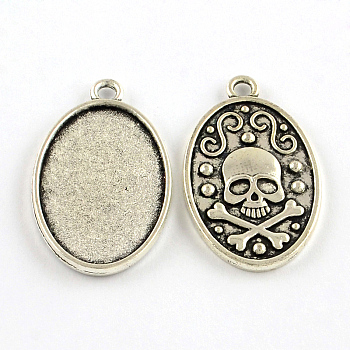 Oval Carved Skull Tibetan Style Alloy Pendant Cabochon Open Back Settings, Plain Edge Bezel Cups, Lead Free & Cadmium Free, Antique Silver, Tray: 30x20mm, 37x22.5x3mm, Hole: 3mm