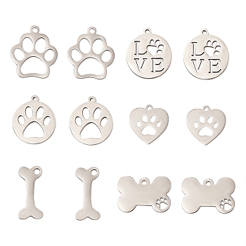 30Pcs 6 Styles 201 Stainless Steel Pet Pendants, Manual Polishing, Dog Footprint, Stainless Steel Color, 15~18x16~25x1.5~2mm, Hole: 1.6mm, 5pcs/style