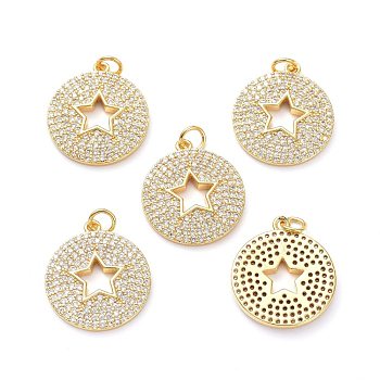 Brass Micro Pave Clear Cubic Zirconia Pendants, with Jump Ring, Long-Lasting Plated, Flat Round with Hollow Out Star, Real 18K Gold Plated, 22x19x2mm, Jump Rings: 5x1mm, 3mm Inner Diameter