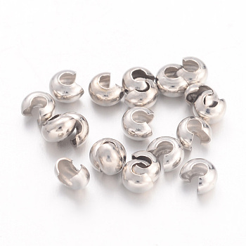 Brass Crimp Beads Covers, Nickel Free, Round, Platinum Color, About 3.2mm In Diameter, 2.2mm Thick, Hole: 1mm