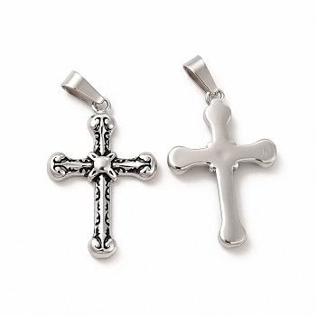 Ion Plating(IP) 304 Stainless Steel Pendants, 201 Stainless Steel Clasp, Cross Charms, Antique Silver, 26x17x3mm, Hole: 3x6mm