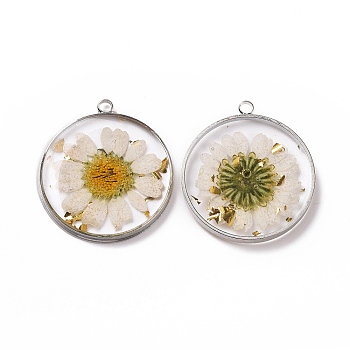 Transparent Clear Epoxy Resin Pendants, with Edge Platinum Plated Brass Loops and Gold Foil, Flat Round Charms with Inner Flower, White, 34x30x4mm, Hole: 2.6mm