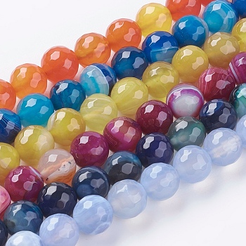 Faceted Round Dyed Natural Striped Agate/Banded Agate Beads Strands, Mixed Color, 10mm, Hole: 1.2mm, about 38pcs/strand, 15 inch
