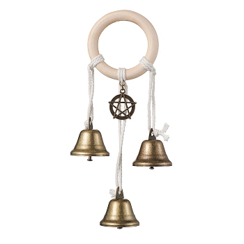 Alloy & Iron Star Protective Witch Bells for Doorknob, Wood Ring Witch Wind Chime for Home Decor, Antique Bronze, 212mm