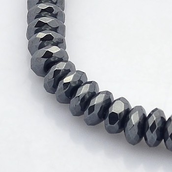 Electroplate Non-magnetic Synthetic Hematite Beads Strands, Faceted Rondelle, Black Plated, 6x3mm, Hole: 1mm, about 140pcs/strand, 15.7 inch