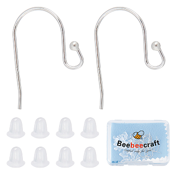 10 Pairs 925 Sterling Silver Earring Hooks, with Horizontal Loops & 50Pcs Plastic Ear Nuts & 1Pcs Polishing Cloth, Silver, 16.5x12~13mm, Hole: 2mm, 22 Gauge, Pin: 0.6mm