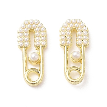 Alloy Stud Earring Findings, with Plastic Pearl Beaded & 925 Sterling Silver Pins & Horizontal Loops, Safety Pin Shape, Golden, 19.5x8.5x3.5mm, Hole: 3mm, Pin: 0.6mm