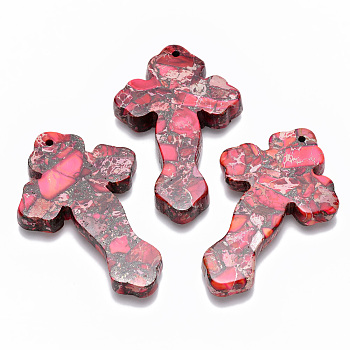Synthetic Imperial Jasper Big Pendants, Dyed, Cross, Deep Pink, 60~61.5x38~39.5x7~8mm, Hole: 1.8mm