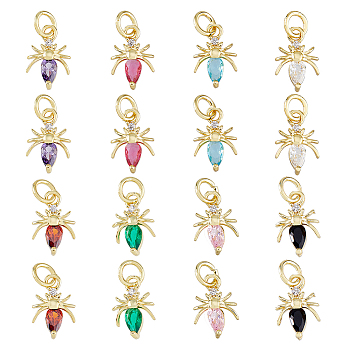 16PCS 8Colors Brass Micro Pave Cubic Zirconia Charms, Real 18K Gold Plated, Cadmium Free & Lead Free, Insect, Mixed Color, 12x8x2mm, Hole: 3.8mm, 2pcs/color