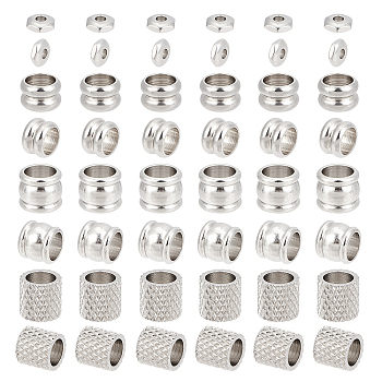 80Pcs 4 Style 304 Stainless Steel European Beads, Large Hole Beads, Column & Hexagon, Stainless Steel Color, 5~7x4.5~7mm, 1.8~4.5mm, 20pcs/style