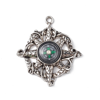 Alloy Pendants, Cadmium Free & Lead Free, Flat Round with Compass Charm, Antique Silver, 47.5x42.5x8.5mm, Hole: 3mm
