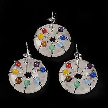 Natural Quartz Crystal Pendants, Rock Crystal Pendants, with Platinum Brass Findings, Donut/Pi Disc with Beaded Charms, 41~42x31x11.5~12.5mm, Hole: 5~5.5x3mm