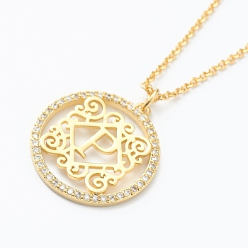 Brass Micro Pave Clear Cubic Zirconia Pendant Necklaces, Flat Round with Letter, Real 18K Gold Plated, Letter.P, 16.14~17.20 inch(41~43.7cm)