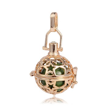 Golden Plated Brass Hollow Round Cage Pendants, with No Hole Spray Painted Brass Round Beads, Olive Drab, 35x25x21mm, Hole: 3X8mm