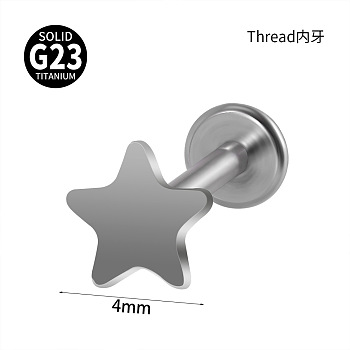 G23 Titanium 17 Gauge Threadless Labrets, Piercing Jewelry for Women Men, Stainless Steel Color, Star, 8mm, Pin: 1.2mm