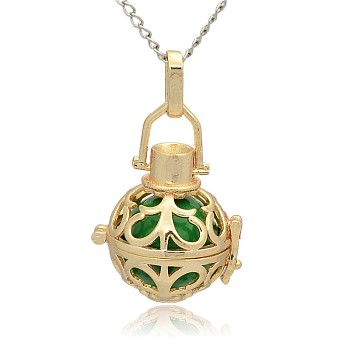 Golden Tone Brass Hollow Round Cage Pendants, with No Hole Spray Painted Brass Round Beads, Lime Green, 33x24x21mm, Hole: 3x8mm