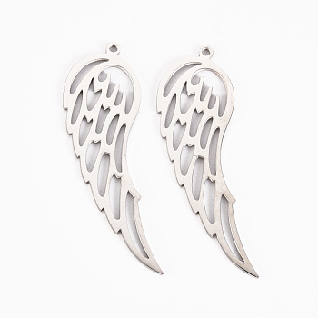 304 Stainless Steel Pendants, Laser Cut, Wing, Stainless Steel Color, 43x13.5x1mm, Hole: 1.4mm