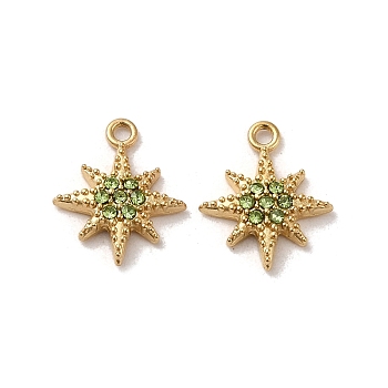 304 Stainless Steel Rhinestone Charms, Real 14K Gold Plated, Star Charm, Peridot, 11.5x9.5x2mm, Hole: 1mm