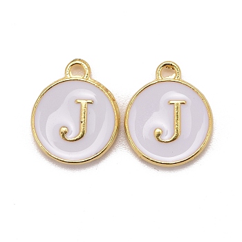 Golden Plated Alloy Charms, Cadmium Free & Lead Free, with Enamel, Enamelled Sequins, Flat Round with Letter, White, Letter.J, 14x12x2mm, Hole: 1.5mm