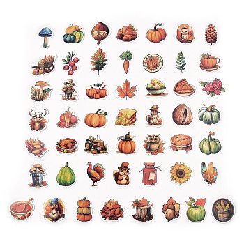 50Pcs Thanksgiving Day Cartoon Vinyl Stickers, Waterproof Acorn Pumpkin Leaf Decals for DIY Scrapbooking, Art Craft, Mixed Color, 36~54x26~65x0.2mm