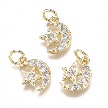 20Pcs Brass Micro Pave Cubic Zirconia Charms, with Jump Ring, Long-Lasting Plated, Moon with Star, Clear, Real 18K Gold Plated, 12x9x2mm, Hole: 3mm