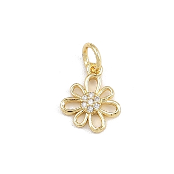 Brass Micro Pave Cubic Zirconia Pendants, with Jump Ring, Flower Charms, Rack Plating, Long-Lasting Plated, Lead Free & Cadmium Free, Real 18K Gold Plated, Clear, 12x10x2mm, Hole: 3mm