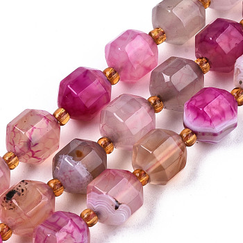 Natural Agate Beads Strands, Faceted, with Seed Beads, Dyed, Round, Hot Pink, 10.5x9.5mm, Hole: 1.2mm, about 31~32pcs/strand, 14.96 inch(38cm)
