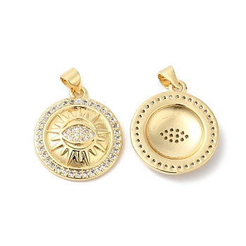 Brass Micro Pave Clear Cubic Zirconia Pendants, Flat Round with Eye Charms, Real 16K Gold Plated, 23x19.5x4mm, Hole: 4x3.5mm