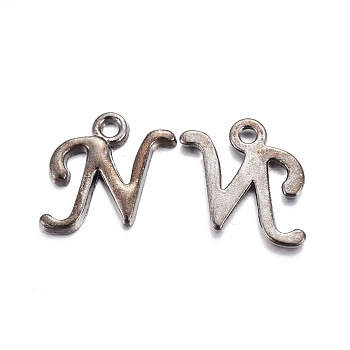 Gunmetal Plated Alloy Letter Pendants, Rack Plating, Cadmium Free & Lead Free, Letter.N, 13x11x2mm, Hole: 1.5mm