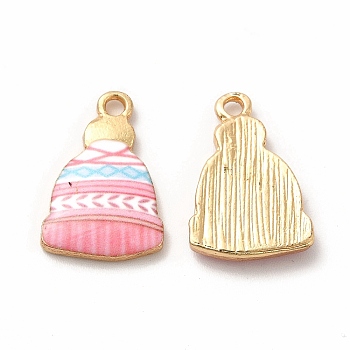 Winter Theme Printed Alloy Pendants, Lead Free & Cadmium Free & Nickel Free, Hat Charm, Golden, Pale Violet Red, 18x12.5x3mm, Hole: 1.8mm