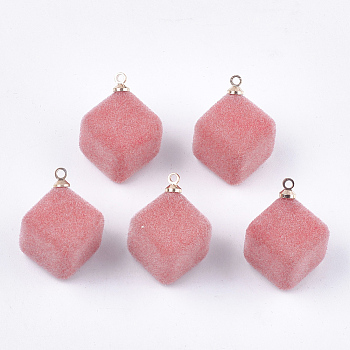 Flocky Acrylic Pendants, with Brass Findings, Cube, Golden, Flamingo, 24x17.5x17mm, Hole: 1.6mm
