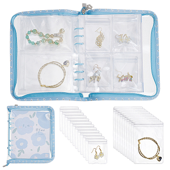 PVC Loose Leaf Jewelry Storage Bag, for Earring Bracelet Display, with Alloy Findings, Rectangle, Light Sky Blue, 21.1x18.5x2.5cm