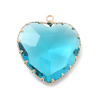 K9 Glass Pendants, Heart Charms, with Light Gold Tone Brass Findings, Faceted, Aquamarine, 31x28x9mm, Hole: 2mm