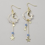 Plastic Beaded Dangle Earrings, Brass Moon & Star Tassel Asymmetrical Earrings, Light Gold, 76x22mm, 87x22mm(EJEW-WH0004-122)