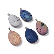 Electroplate Natural Druzy Agate Pendants, with Brass Findings, Drop, Platinum, Mixed Color, 36~38x20~22x6~8mm, Hole: 3.5x4.5mm(G-T112-09)