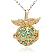 Golden Tone Brass Hollow Round Cage Pendants, with No Hole Spray Painted Brass Ball Beads, Medium Turquoise, 28x27x20mm, Hole: 3x8mm(KK-J237-02G)