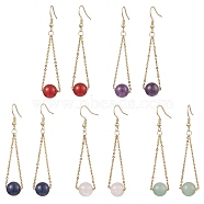 304 Stainless Steel with Natural Mixed Stone Dangle Earrings, Round, Golden, 60x12mm(EJEW-JE06011-01)