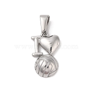 304 Stainless Steel Pendants, I Love Volleyball Charm, Stainless Steel Color, 21x12.5x4.5mm, Hole: 6x3mm(STAS-R232-04P)