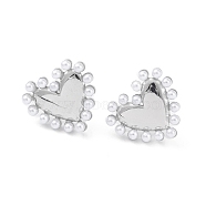 Heart Rack Plating Brass Stud Earrings for Women, with Plastic Pearl Bead, Long-Lasting Plated, Lead Free & Cadmium Free, Platinum, 14x15x2.5mm, Pin: 0.8mm(EJEW-K245-13P)