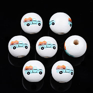 Autumn Theme Printed Natural Wood Beads, Round with Car with Pumpkin & Truck, Dark Turquoise, 15.5x14.5mm, Hole: 4mm(WOOD-S057-094)