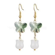 Butterfly Transparent Glass with Natural White Jade Dangle Earrings, Dark Sea Green, 53x15mm(EJEW-JE05804-02)