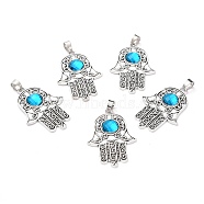 Tibetan Style Alloy Pendants, with Acrylic, Hamsa Hand/Hand of Miriam, Antique Silver, Blue, 41.5x29x4.5mm, Hole: 6x5mm(PALLOY-M191-02AS-RS)